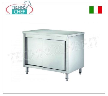 Tavolo armadio inox con porte scorrevoli, profondo 60 cm, Tavolo armadiato Inox neutro con due ante scorrevoli e ripiano intermedio regolabile, dim. mm 1000x600x850h