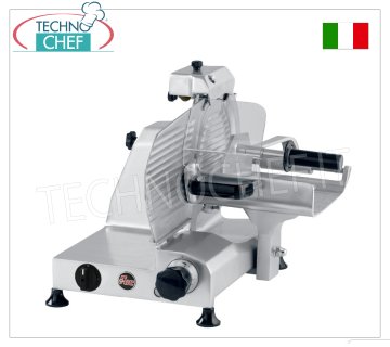 FAC - AFFETTATRICE  VERTICALE per CARNE, lama Ø 250 mm, ESECUZIONE CE DOMESTICO Affettatrice verticale con carrello carne, lama diametro 250 mm, in lega d'alluminio, completa di affilatoio lama fisso,  ESECUZIONE CE DOMESTICO, V 230/1, Kw 0,245, Peso 21 Kg, dim.mm.520x460x500h