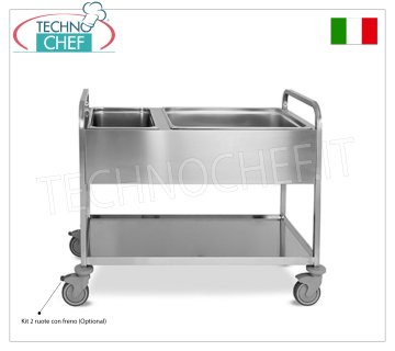 Carrello inox per raccolta differenziata,  1 bacinella 2/1 GN + 2 bacinelle GN 1/2, 1 piano di servizio