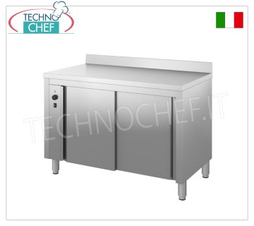 TECHNOCHEF - Tavolo armadiato caldo inox AISI 304 con alzatina, Porte scorrevoli, Profondo cm. 70