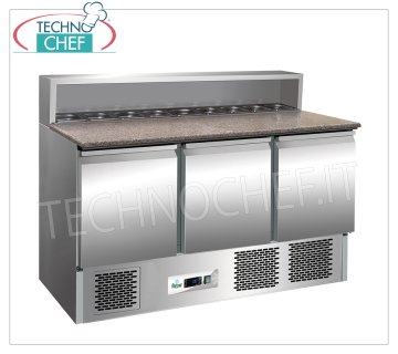 FORCAR -  Saladette Refrigerata 3 Porte, piano in Granito con vano 8 Bacinelle GN 1/6, Temp.+2°/+8°C