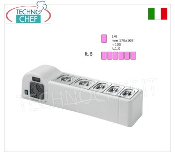 Vetrina refrigerata in ABS da banco con 6 Bacinelle GN 1/9 Inox, lunga mm 990x245