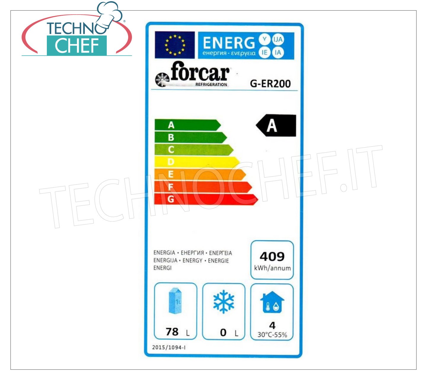 Armadio frigo statico EcoLine mod. G-ER200 Forcar, cap.130 litri, +2°/+8°C,  2+1 griglie, 60x58,5x85,5h cm, 100W, Monofase