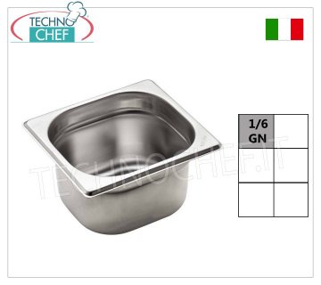 Bacinelle Gastronorm GN 1/6 in acciaio inox Bacinella Gastro-norm 1/6, inox 18/10, Capacità lt.1,6, dim.mm.176 x 162 x 100 h